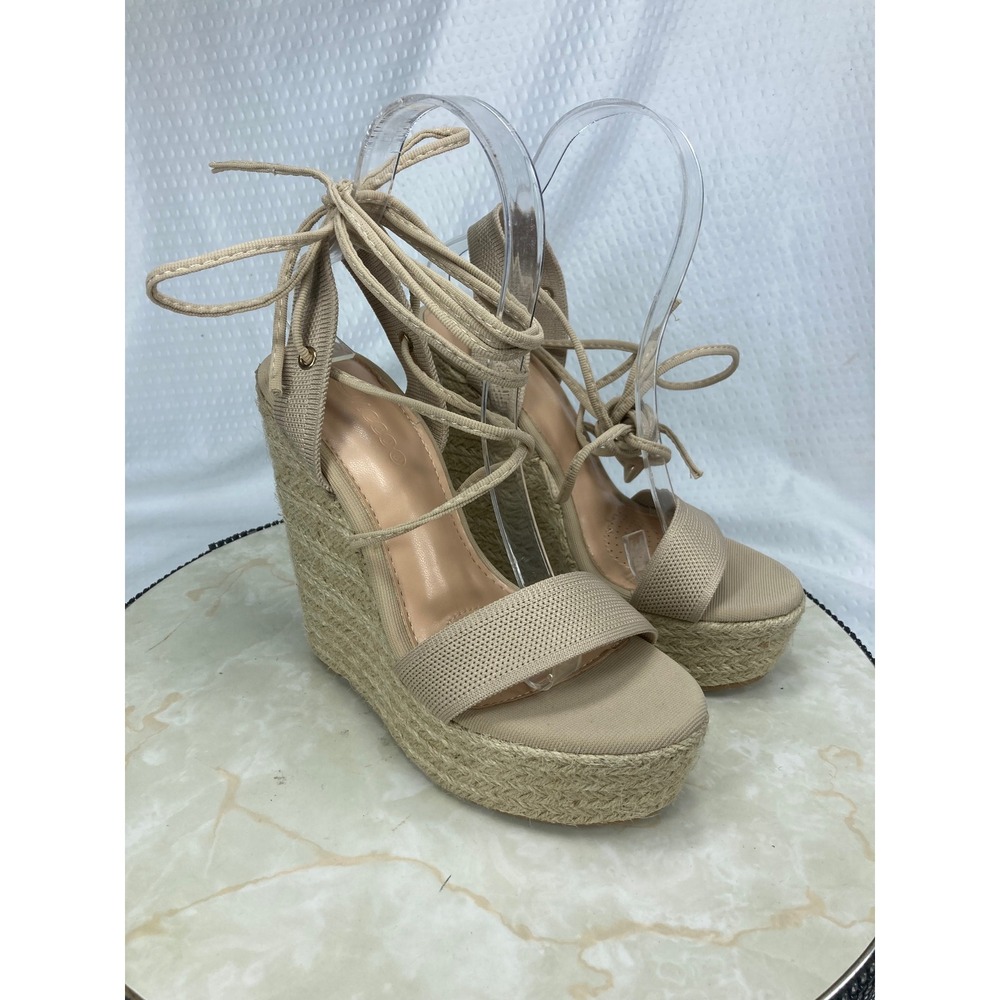 CUCCOO Lace Up Espadrille Wedge Heels Women 5.5-6 Beige Chunky Platform Shoe NEW